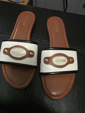 GUESS White & Brown Slide Sandals with Gold Logo